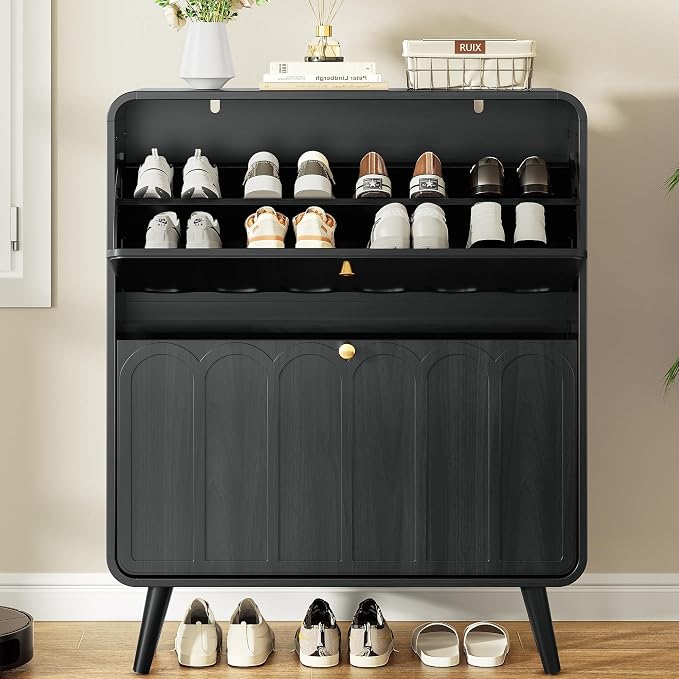 Decofy Shoe Cabinet with 2 Flip Drawers, Expanded Panel for Long Footwear, Freestanding Shoe Storage Cabinet with 3-Gear Adjustable Shelves, Narrow Shoe Cabinets for Entryway, Solid Wood Legs, Balck | 31.5''W; Wider Panel; 2 Flip-Down Drawers; Adjustab...