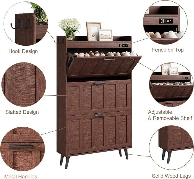 ChooChoo Shoe Storage Cabinet with 3 Flip Drawers and Deodorizer | Shoe Organizer Storage for Entryway, Freestanding Hidden Slim Narrow Shoe Rack Cabinet, Walnut