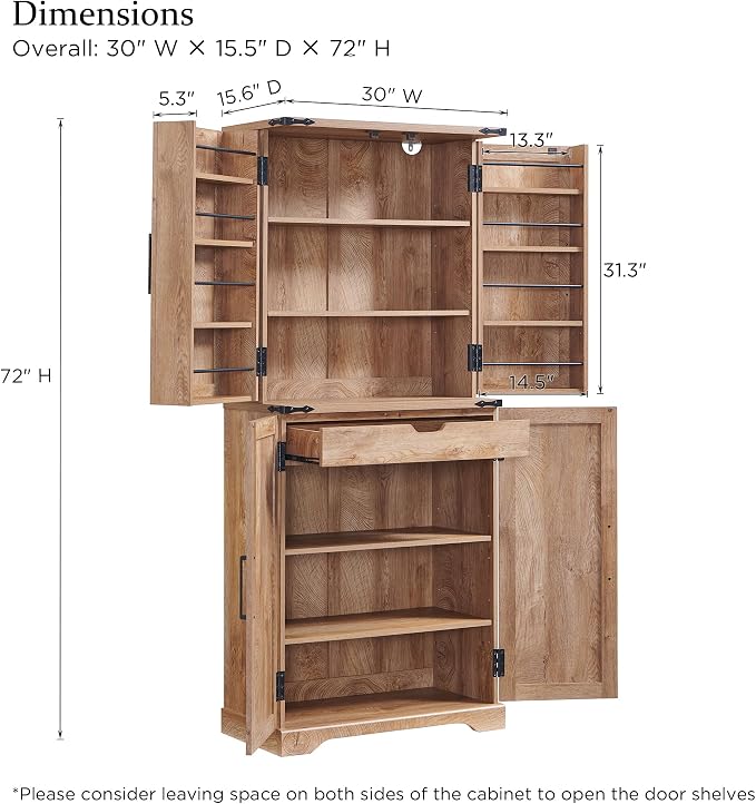 72" Tall Wooden Pantry Storage Cabinet with Door Shelves & Drawer | Farmhouse, Barn Doors, Adjustable Shelves, Freestanding, Anti-tip Kit, for Kitchen, Dining Room, Living Room