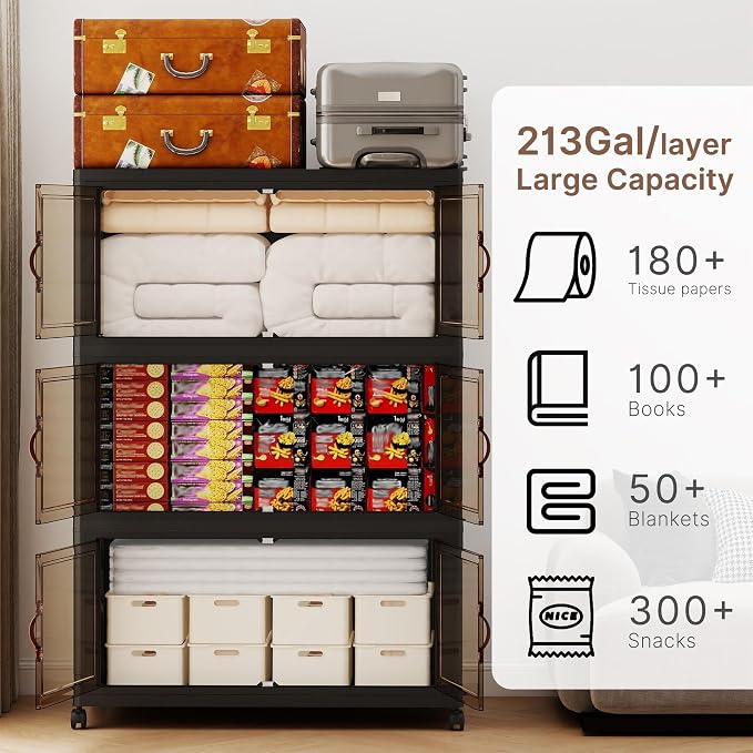 852QT Extra Large Stackable Storage Bins with Lids | & Wheels & Door, 213Gal Foldable Collapsible Closet Organizers, Plastic containers drawers for bedroom Dorm