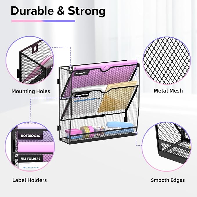 3-Tier Wall File Organizer with Base, Wall Mounted File Holder | Vertical Hanging File Organizer with Open Compartments and Label Holders for Mail, Folders and Paperwork at Home or Work
