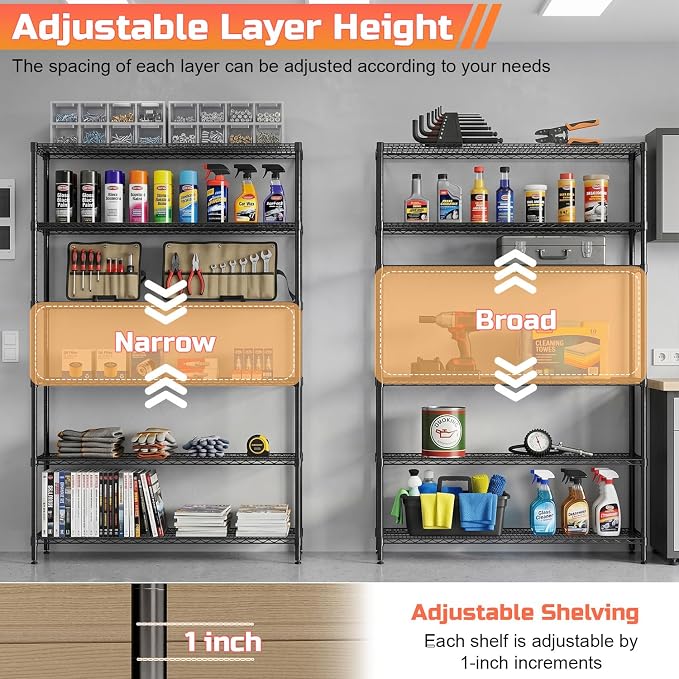 FDW | 6-Tier Wire Shelf with Wheels | 48" x 18" x 76" | Black | Storage Shelves with Adjustable Racks, Holds upto 600 lbs | Rust-Resistant, No-Tool Assembly | For Home, Garage