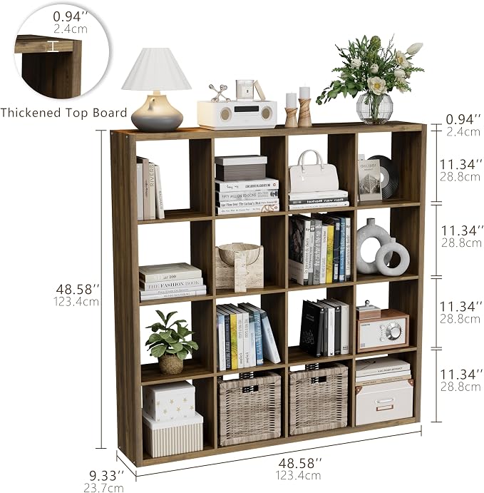 VDNEND Cube Storage Organizer Bookcase, Decorative 11 inch Open Back Cubical Shelf with Thickened Border, Display Bookshelf for Living Room, Home Office, Sturdy Room (Brown, 16 Cube)
