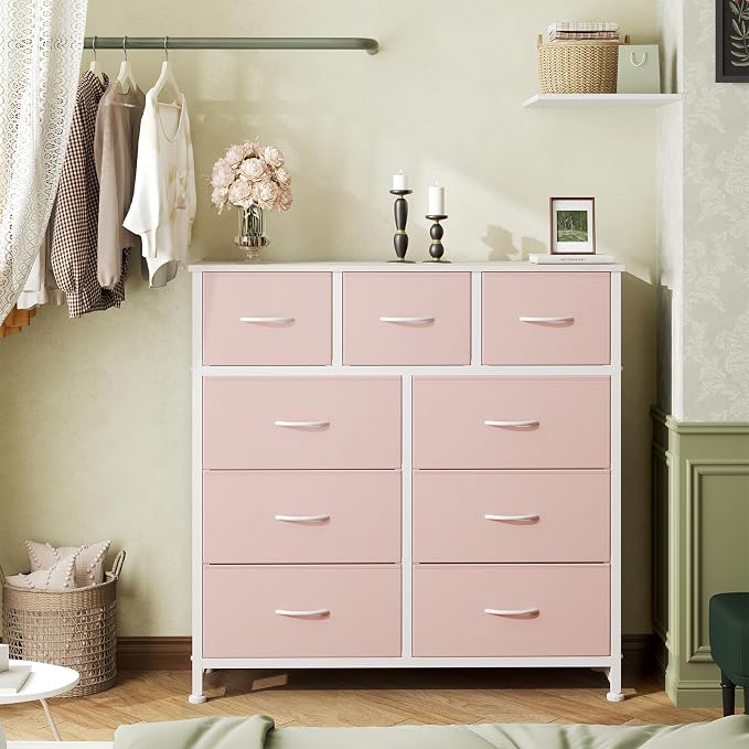 OLIXIS 9 Drawer Pink Dresser for Bedroom, Closet Organizers and Storage | Tall Fabric Dresser with Wooden Top, Chest of Drawers for Clothes Storage, Tower Cabinet, Furniture, TV Stand