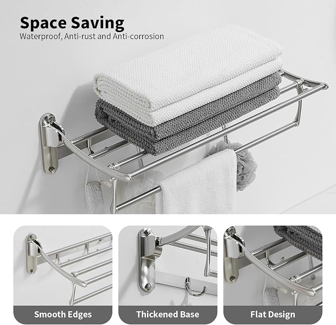 24 Inch Brushed Nickel Towel Racks, Bathroom Towel Shelf with Foldable Towel Bar Holder and Towel Hooks, Wall Mounted Multifunctional Bathroom Accessories, Double Towel Bars