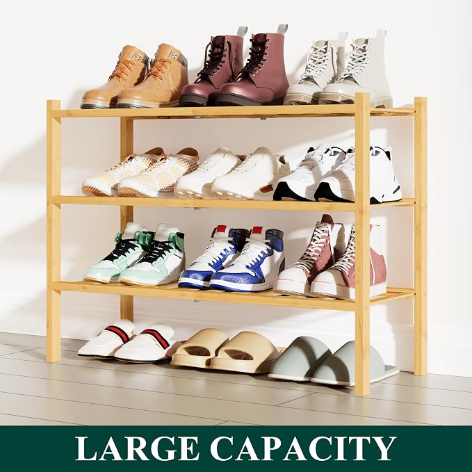 Smiry Bamboo Shoe Rack, 12 Vertical Slats, 3 Tier - 26.8" Wide, Natural | Stackable Free Standing Wooden Shoe Organizer, Wood Shoe Storage Shelf for Closet, Entryway