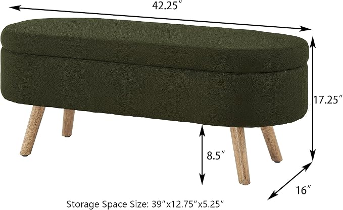 42.25" Ottoman with Storage, Storage Ottoman Bench with Safety Hinge, Boucle End of Bed Bench, Upholstered Entryway Bench for Bedroom, Living Room & Window, Holds up to 330 lb, Dark Green