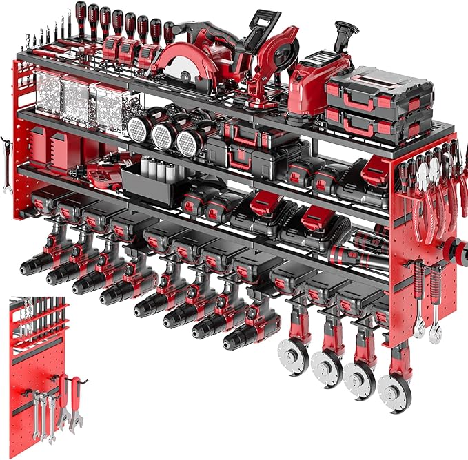 52" Metal Power Tool Organizer Wall Mount,4 Tier,Red | Heavy-Duty Metal,480 LBS Capacity,12 Cordless Drill Holders,Adjustable Hooks,Tool Shelf for Garage Workshop Shed,Pegboard