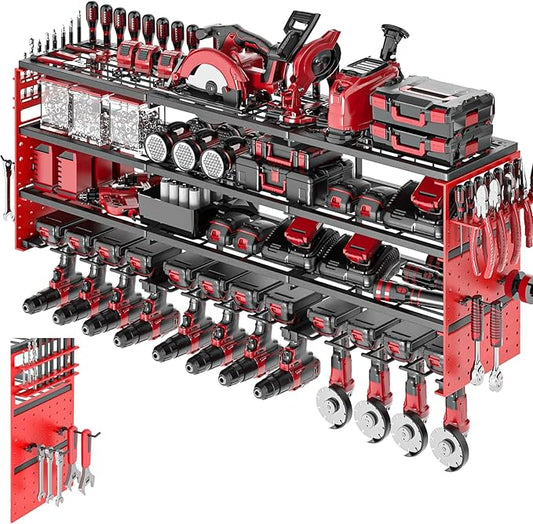 52" Metal Power Tool Organizer Wall Mount,4 Tier,Red | Heavy-Duty Metal,480 LBS Capacity,12 Cordless Drill Holders,Adjustable Hooks,Tool Shelf for Garage Workshop Shed,Pegboard