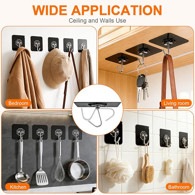 DDMY Heavy Duty Adhesive Hooks for Hanging 50lb(Max) Black Wall Hooks with Strong Sticky,No Damage Removable Hook Waterproof & Reusable for Bathroom, Kitchen, Shower, Outdoor Decor -8 Pack