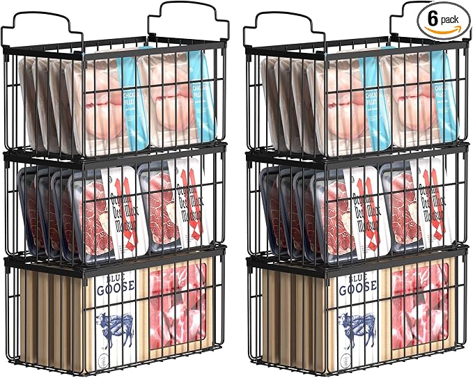 MSERCUOR Freezer Organizer Bins, 6 Pack Stackable Deep Chest Freezer Organizer Bins, Foldable Baskets with Handles, Black Storage Container Baskets for 5/ 7 Cu.FT Deep Freezer Sort Frozen Meats