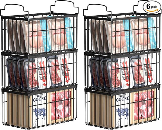 MSERCUOR Freezer Organizer Bins, 6 Pack Stackable Deep Chest Freezer Organizer Bins, Foldable Baskets with Handles, Black Storage Container Baskets for 5/ 7 Cu.FT Deep Freezer Sort Frozen Meats