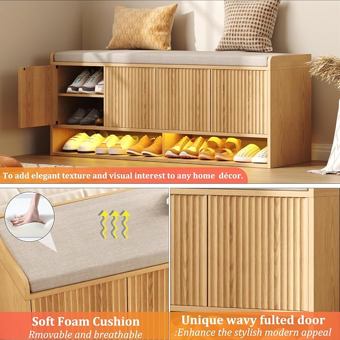 HOMEFORT 47.2" Fluted Shoe Storage Bench, Entryway Bench with Linen Seat Cushion, Shoe Cabinet Bench with Adjustable Shelf and Built-in LED Sensor Light, Bench for Bedroom End of Bed, Natural Oak