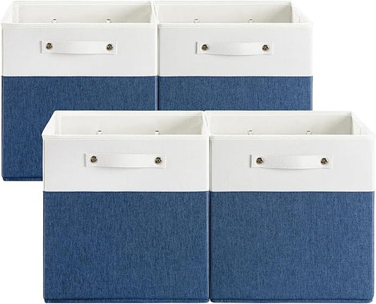 FinishingBo 13x13x13 Storage Cube Bins 4 Pack, Cube Shelf Baskets | Foldable Storage Cubes, Linen Storage Bins with Handles, Closet Organizers, White/Blue