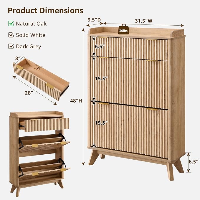 T4TREAM 48" Fluted Shoe Cabinet with Flip Drawers & Top Drawer, Natural Oak | Narrow Shoe Organizer, Curved Profile Design, Wooden Shoe Rack for Entryway, Hallway