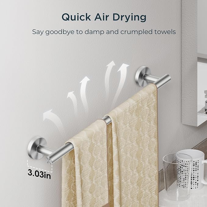 FORIOUS Bathroom Accessories, 5-Piece Bathroom Hardware Set - 24" Towel Bar | Brushed Nickel | Towel Hooks, Towel Racks for Bathroom, Toilet Paper Holder With Shelf, Towel Ring | SUS304 Stainless Steel