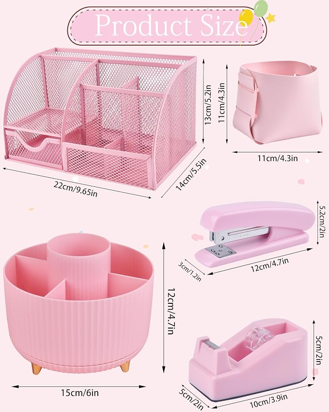 Pink Desk Accessories and Organizers with Desk Organizer and 360°Rotating Pen Holder stapler Pen and a Lot of Office Pink Office Supplies Beautifully Presented in a Gift Box