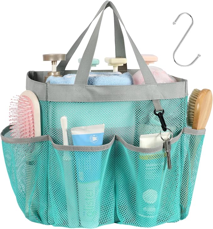 Mesh Shower Caddy Portable - 8 Pockets, S-Hook, Shower Bag for Dorm Camping | 2-Handle, Quick-Dry, Hanging Toiletry Organizer, College Dorm Room Essentials for Girls, Gym, Travel & Bathroom, Mint Green