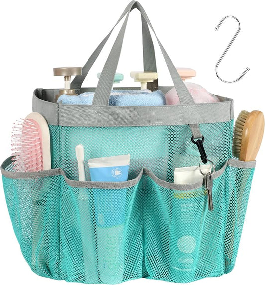 Mesh Shower Caddy Portable - 8 Pockets, S-Hook, Shower Bag for Dorm Camping | 2-Handle, Quick-Dry, Hanging Toiletry Organizer, College Dorm Room Essentials for Girls, Gym, Travel & Bathroom, Mint Green
