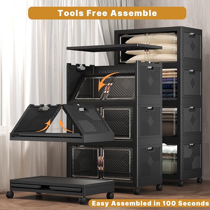 Stackable Storage Bins with Lids, 672QT Closet Organizers and Storage Cabinet with Doors & Wheels, Lockable Plastic Foldable Drawers for Bedroom Dorm Office Garage（168QT*4,Black）