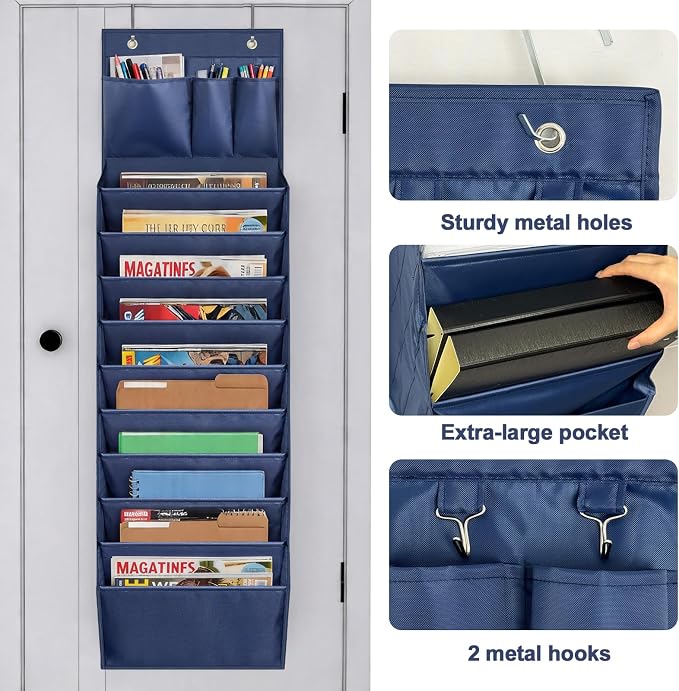 Over Door Hanging File Organizer, 10 Extra Large Pockets (Blue) | Wall file organizer, 10 extra large pockets, heavy-duty fabric. Hanging folders for mail, magazines.13.78"W × 51.18"H