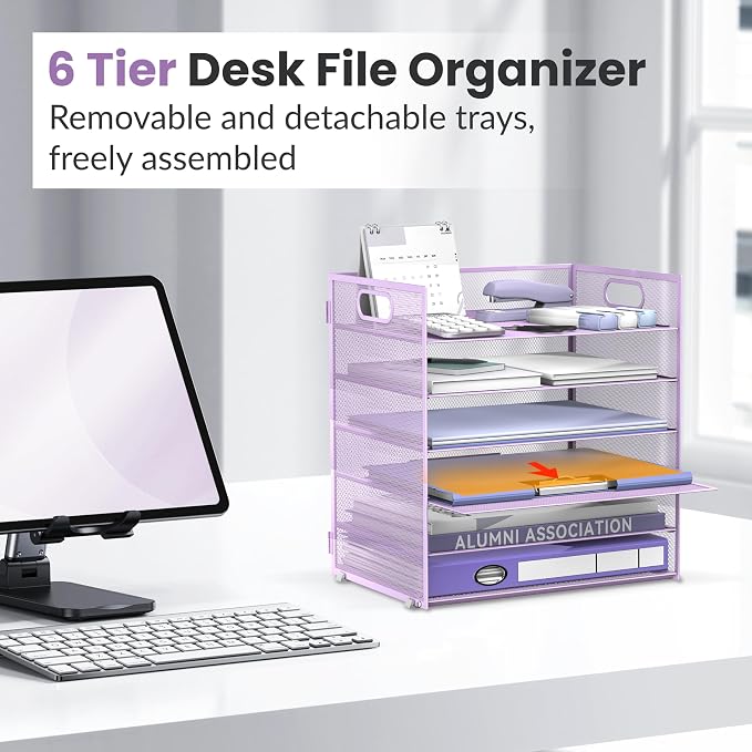 Daltack 6-Tier Paper Organizer for Desk with Handle, Purple, 2 Pack | Sturdy Metal Mesh Organizer with Movable Middle Trays and a Carry Handle for Papers, Folders and Office Supplies
