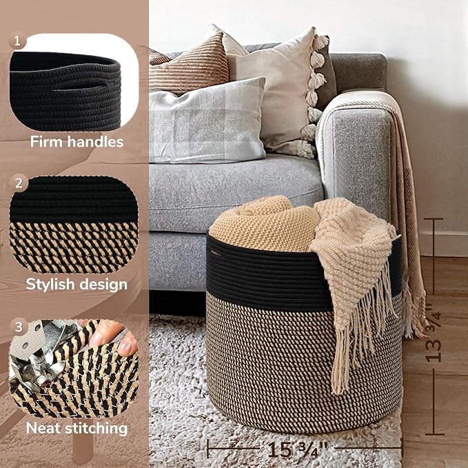 Goodpick Wicker Blanket Basket Living Room, Toy Storage for Playroom, 45L | 15.8 x 15.8 x 13.8 In Toy Storage Basket for Nursery, Blanket Basket for Living room, Laundry Basket, Black & Mix Jute