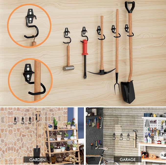 Broom Holder Wall Mount, 12Pack Tool Hangers Garage Wall Hanging Organizer | Heavy Duty Rubber Coated Steel, Large S Garage Hooks for Mop Shovel Rake Shed Garden Lawn Yard Handle Tools Organization