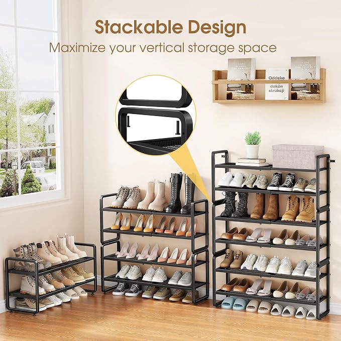 SAYZH Expandable Shoe Rack for Closet, Adjustable Metal Shoe Organizer with Sturdy Mesh Shelves for Boots & Heels, Stackable Shoe Storage for Entryway, Garage, Small Spaces (Black, 2-Tier)