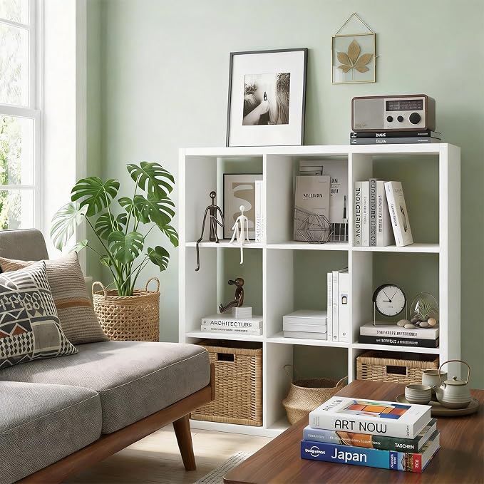 CTESNE【Wooden Thick Frame 9 Cube Storage Organizer Shelf with Anti-Tipping Kits + Reversible Open Back Bookcase, Horizontal and Vertical Dual-use Standing Bookshelf（White,13inch）