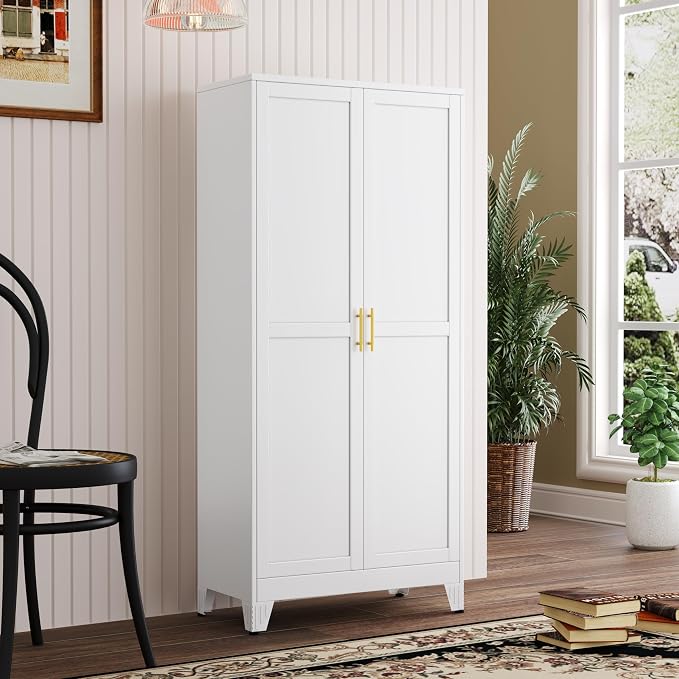 PAOFIN Metal Kitchen Pantry Storage Cabinet with 2 Doors and 3 Adjustable Shelves,Pantry Cabinet with Adjustable Leveling Foot for Kitchen, Living Room, Dining Room（White）