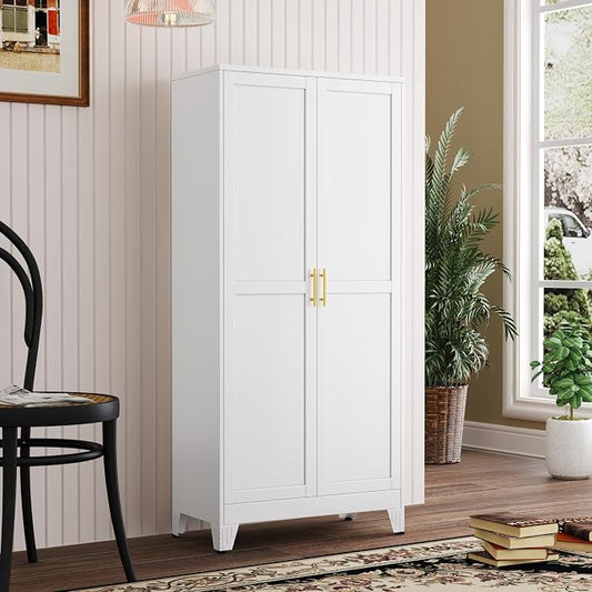 PAOFIN Metal Kitchen Pantry Storage Cabinet with 2 Doors and 3 Adjustable Shelves,Pantry Cabinet with Adjustable Leveling Foot for Kitchen, Living Room, Dining Room（White）
