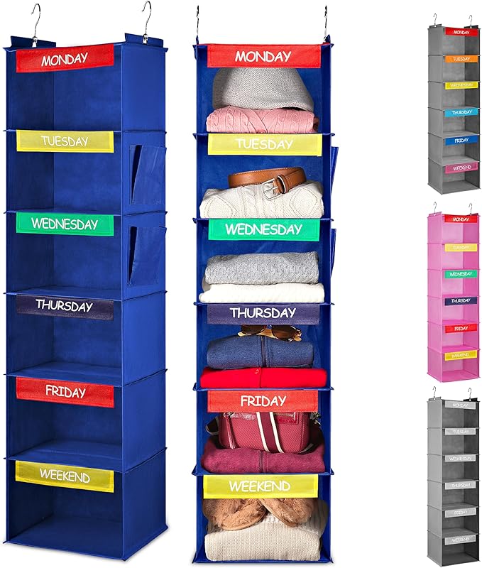 Handy Laundry Hanging Clothes Organizer for Kids - 6-Shelf Closet Daily Clothing Organization Labeled Shelves with Days of The Week Monday Through Friday, Weekday and Weekend (Blue)