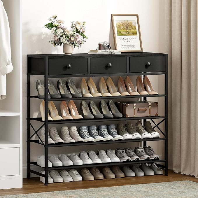 5 Tier Shoe Rack with 3 Drawers Black | Holds 24-30 pairs. 3 drawers for accessories. Fabric shelves keep shoes dust-free. Quick 20-min assembly.