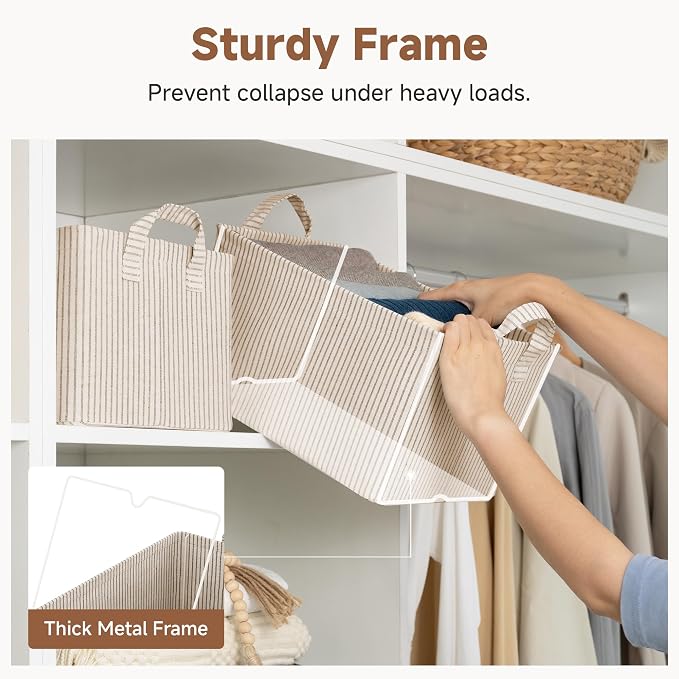 StorageWorks Storage Bins, Fabric Storage Bins for Shelves, Storage Baskets with Metal Frame, Closet Baskets and Bins with Handles, Khaki and Beige Stripes, 2-Pack