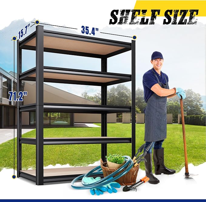 4-Pack Garage Shelving Unit, Heavy Duty Metal Storage Shelves, 71" H x 35" W x 16"D Total Capacity, 5 Tier Adjustable Boltless Steel Rack, Freestanding Organizer for Warehouse, Pantry,Shop, Black