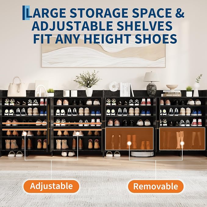 Garvee Shoe Cabinet Storage for Entryway, Rattan Shoe Rack with 4 Doors | Farmhouse Boho Wood Shoe Organizer Cabinet for Entrance Hallway Living Room Foyer