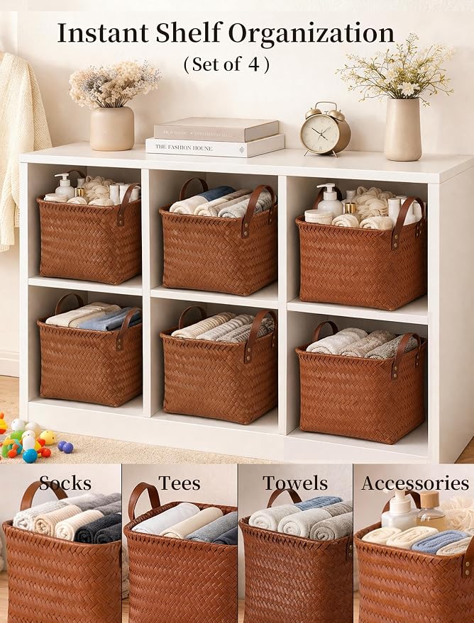Wicker Storage Baskets, 4 Pack Woven Baskets for Shelves, Brown | PP Rattan, Water-resistant Wicker Basket, Large Baskets with Faux Leather Handles for Blanket, Laundry Organizer, Room Decor