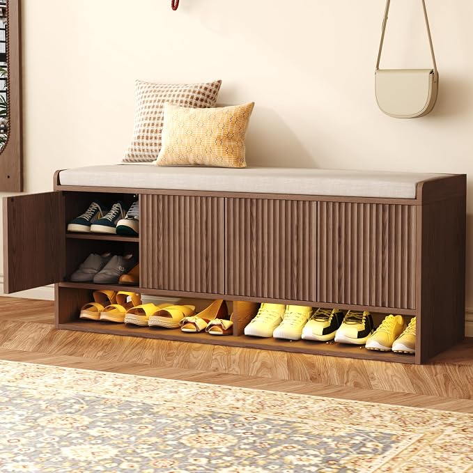 HOMEFORT 47.2" Fluted Shoe Storage Bench, Entryway Bench with Linen Seat Cushion, Shoe Cabinet Bench with Adjustable Shelf and Built-in LED Sensor Light, Bench for Bedroom End of Bed, Walnut