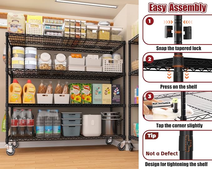 PrimeZone 4 Tier 55.5"W x 24"D x 80"H Heavy-Duty Wire Shelving with Wheels | Tote Storage Rack, Adjustable Shelves, 2400 LBS Capacity, 4" Rolling Casters, 25.4mm Steel Tube for Warehouse, Basement, 5PCS