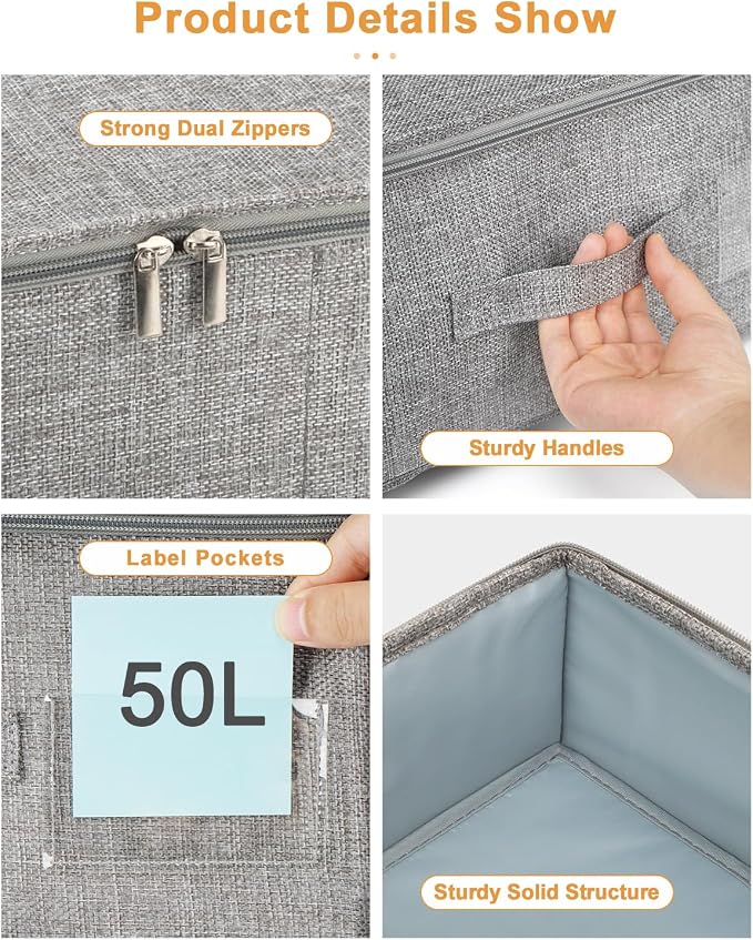 punemi 6.7 in Tall Sturdy Under Bed Storage Container with Lid, 2Pack, Gray | Stackable Clothes Storage Bag with rigid side and bottom , for Blankets, Bedding& Shoes, Closet,Dorm & Bedroom Organization