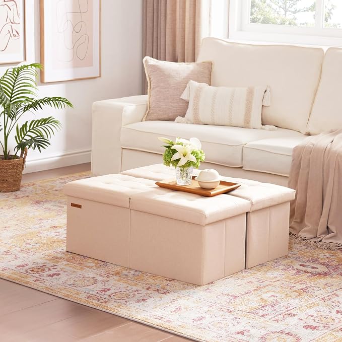 HAUSFRAU Ottoman with Storage Bench Folding Foot Rest Stool Linen Beige | 31.5", Flip Lid, Small Upholstered Foldable Footrest Footstool, Bedroom Bench, Living Room Dorm Ottoman, Rectangle