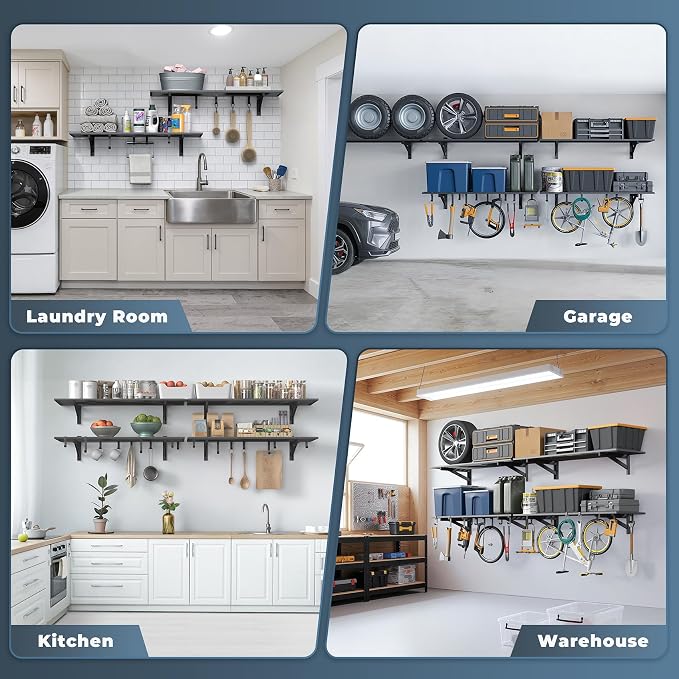 Jusgym 4 Pack Garage Shelving Wall Mounted with 16 Hooks, 1.5x4ft, 1000lbs | Heavy Duty Garage Wall Shelving, 7-Bar Square Tube, Metal Floating Shelves, Industrial Storage Rack for Bins, Tools, Bikes