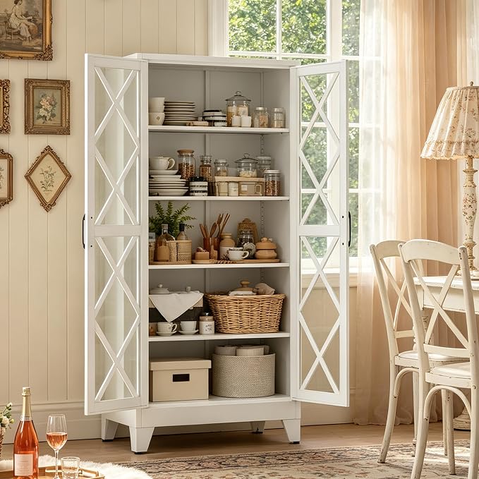 71"H White Pantry Kitchen Cabinet with Doors,Black Storage Cabinets,Freestanding Pantry Cabinet,Farmhouse Food Storage Cabinets,Tall and Large Pantry Cabinets for Kitchen, Dining Room, Living Room