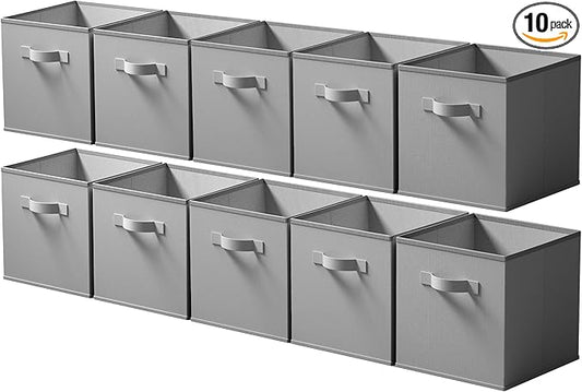 Cupic Cupid 11x11 Storage Cubes, 10 Pack Open Storage Bins with Handles, Storage Cube Organizer for Clothes and Toys, Collapsible Cube Bins for Closet, Shelves, Offices, Gray