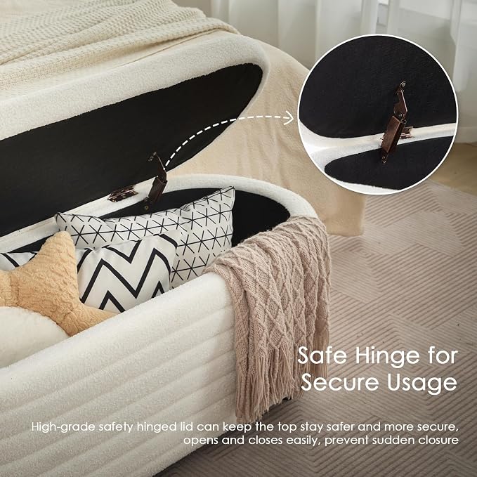 45.5" Storage Teddy Ottoman Bench Upholstered Fabric Bench Hidden Storage Chest with Slow-Close Safety Hinge for Bedroom, Living Room, Entryway, White