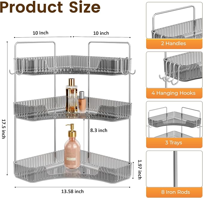 Bathroom Counter Organizer 3-Tier Corner Organizer with Hooks | Gray PET Counter Storage, Multi-Purpose for Bathroom Skincare & Kitchen Organization