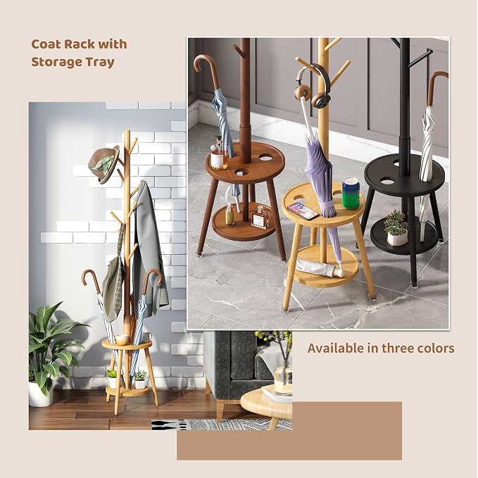 Freestanding Coat Rack with Umbrella Organizer Tray Bamboo Coat Tree Rack with 8 Hook Stand for Clothes Bag Hats Entryway Hanger Stand(Nature)