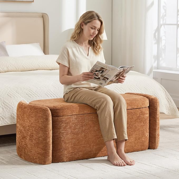 Oval Storage Ottoman Bench, 45" Upholstered Chenille End of Bed Storage Bench, Foot Rest Ottoman with Storage, Bedroom Living Room and Hallway,Orange