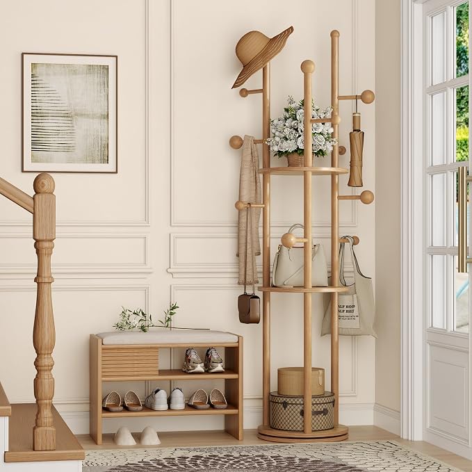 FROMJBEST Coat Rack Freestanding,Coat tree Entryway,Mid-Century,Nature Wood | Freestanding, Solid Wood, 9 Hooks & 3 Shelves, for Entryway, Hallway, Bedroom, Living Room, Office, Holds Bags, Hats, Purses